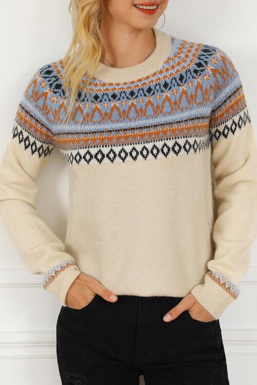 Gray Geometric Round Neck Long Sleeve Sweater