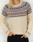 Gray Geometric Round Neck Long Sleeve Sweater