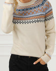 Light Gray Geometric Round Neck Long Sleeve Sweater