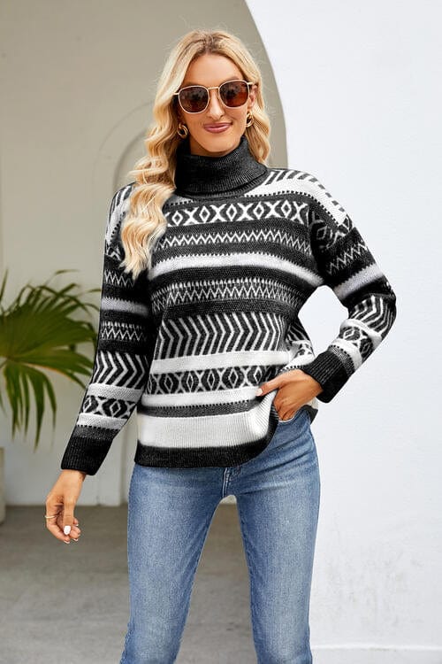 Gray Geometric Turtleneck Long Sleeve Sweater