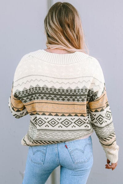 Gray Geometric V-Neck Dropped Shoulder Sweater