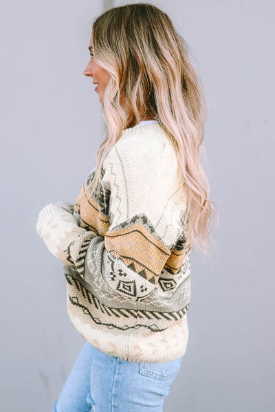 Gray Geometric V-Neck Dropped Shoulder Sweater