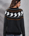 Black Ghost Pattern Round Neck Long Sleeve Sweater