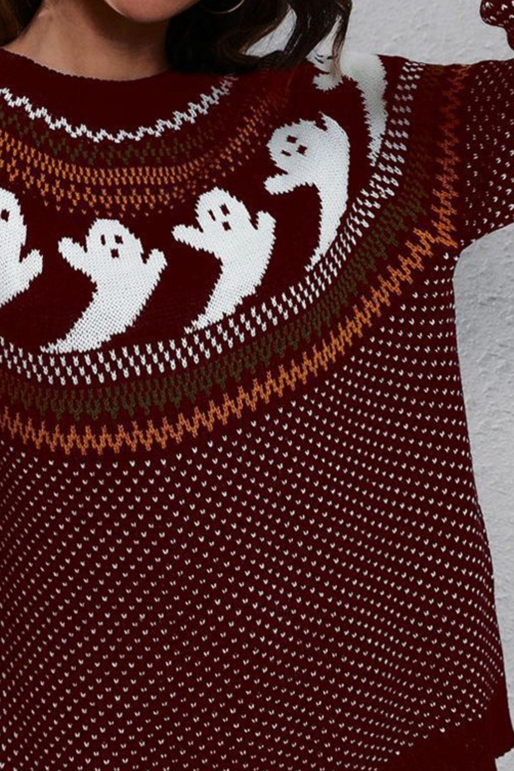 Black Ghost Pattern Round Neck Long Sleeve Sweater