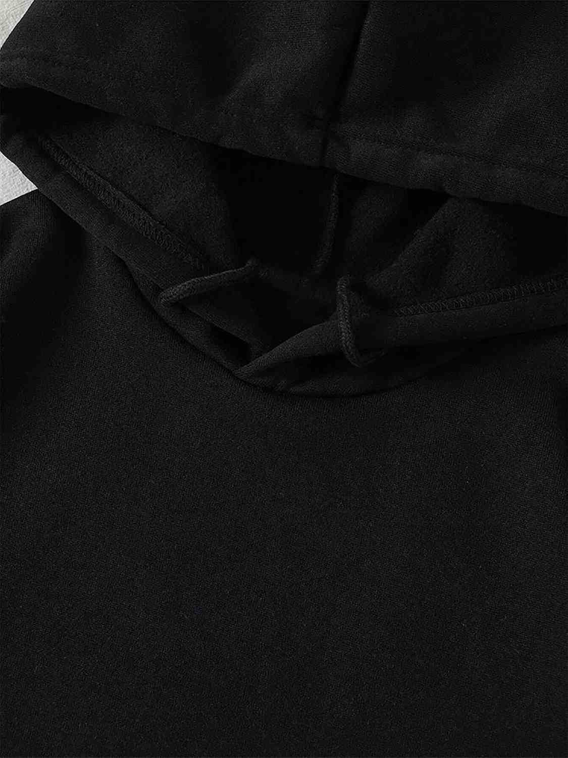 Black Graphic Drawstring Hoodie with Pocket