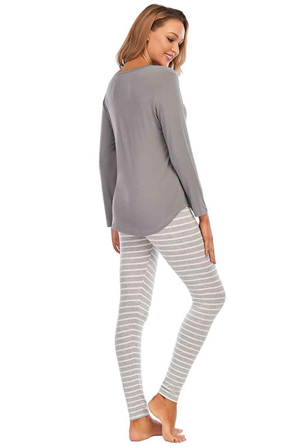 Rosy Brown Graphic Round Neck Top and Striped Pants Set