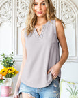 Light Gray Curved Hem Notched Neck Pocket Tank