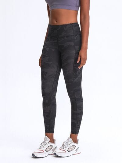 Dark Slate Gray Double Take Wide Waistband Leggings with Pockets