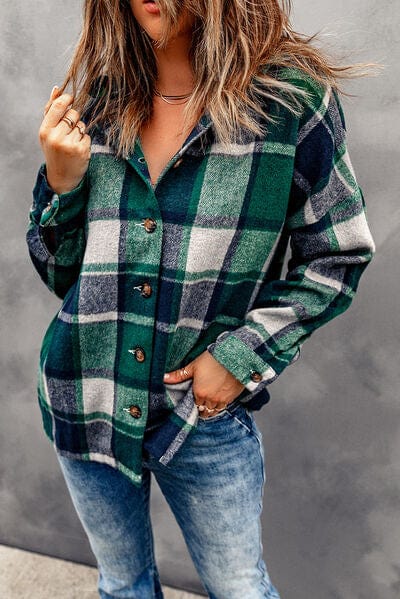 Dim Gray Button Up Plaid Hooded Jacket