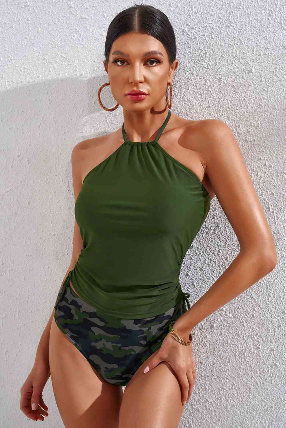 Gray Drawstring Ruched Halter Neck Swim Top and Camouflage Bottoms Set