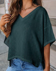 Dark Slate Gray Eyelet V-Neck Dropped Shoulder T-Shirt