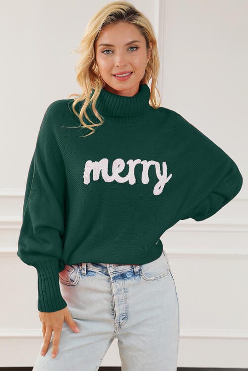 Dark Slate Gray Merry Letter Embroidered High Neck Sweater