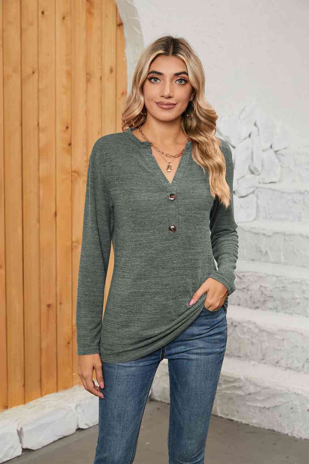 Rosy Brown Notched Neck Long Sleeve T-Shirt