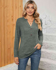 Rosy Brown Notched Neck Long Sleeve T-Shirt