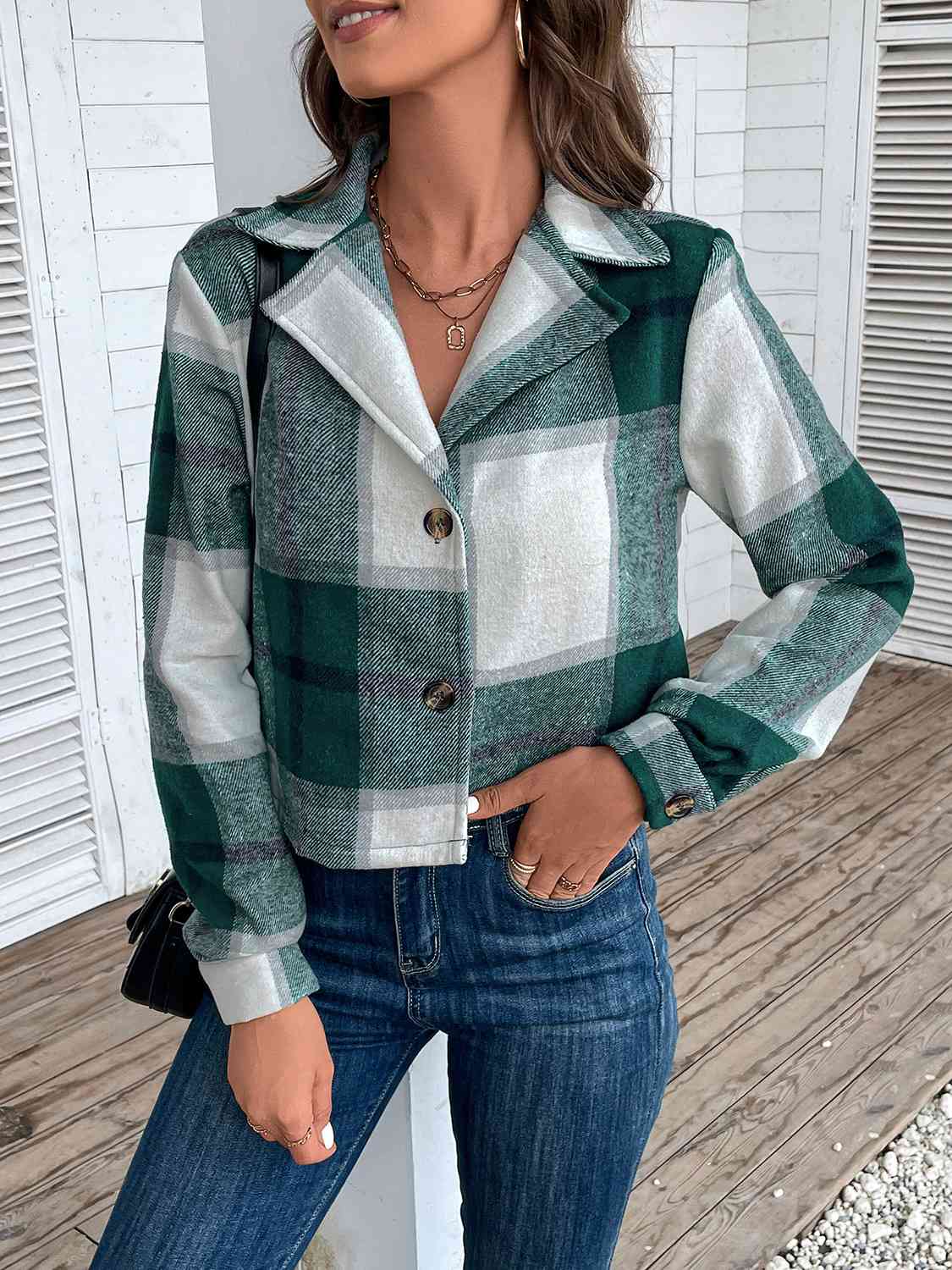 Gray Plaid Collared Neck Button Up Long Sleeve Jacket