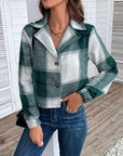 Gray Plaid Collared Neck Button Up Long Sleeve Jacket