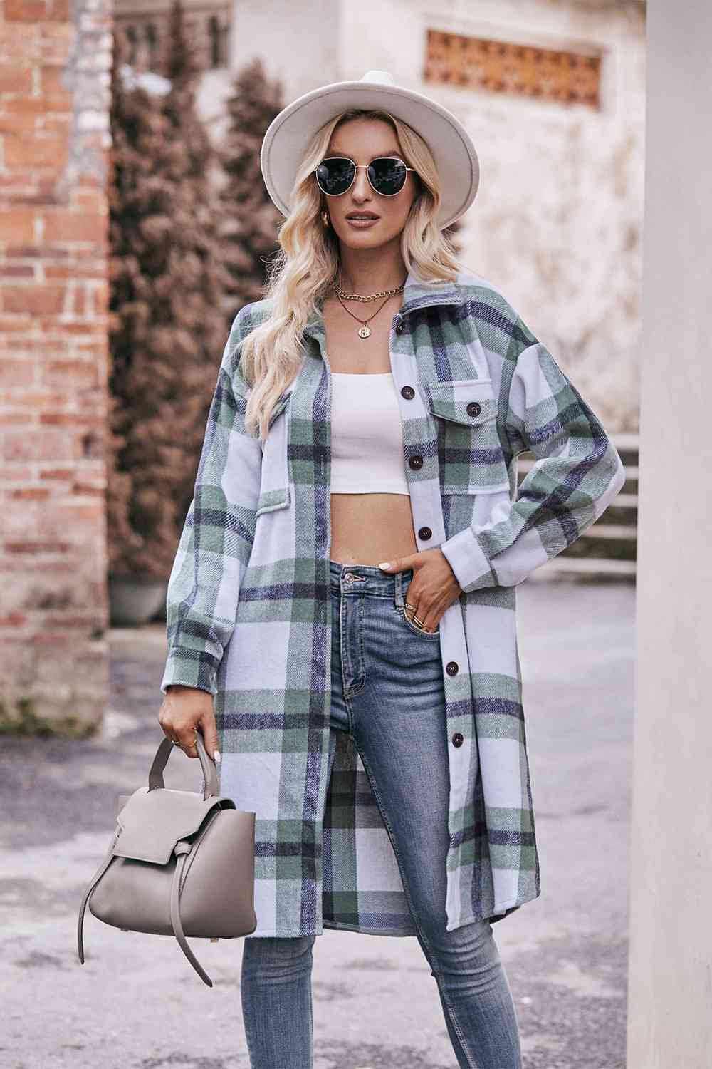 Gray Plaid Dropped Shoulder Longline Jacket