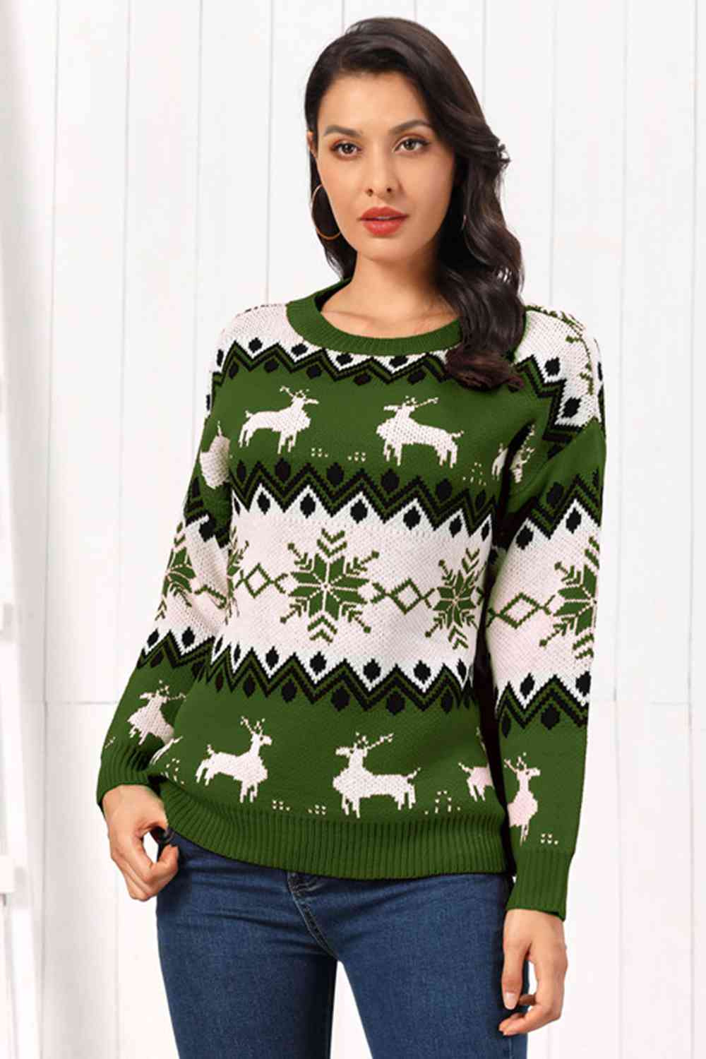 Beige Reindeer Round Neck Sweater