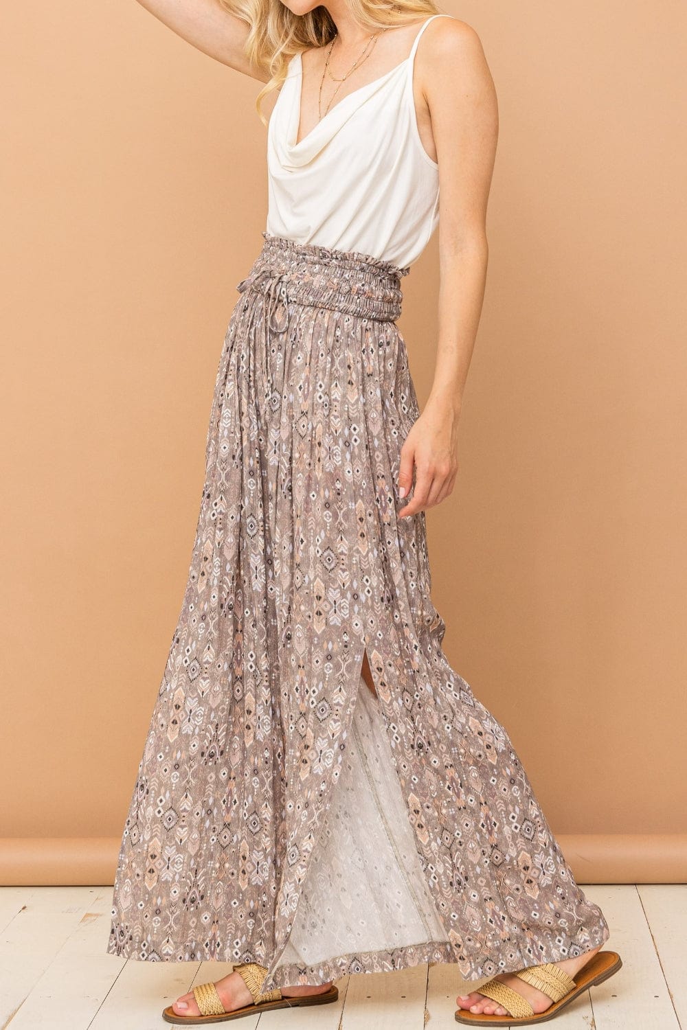 Tan And The Why Printed Smocked Waist Slit Wide Leg Pants