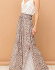 Tan And The Why Printed Smocked Waist Slit Wide Leg Pants