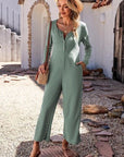 Light Slate Gray Half Button Long Sleeve Wide Leg Jumpsuit