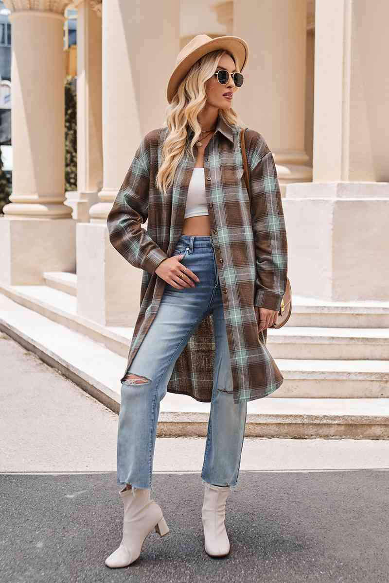 Dark Gray Plaid Collared Neck Long Sleeve Coat