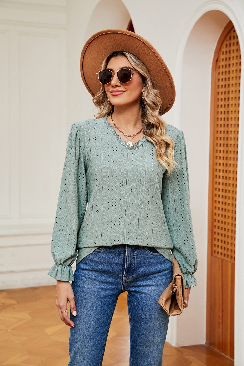 Gray V-Neck Flounce Sleeve Blouse