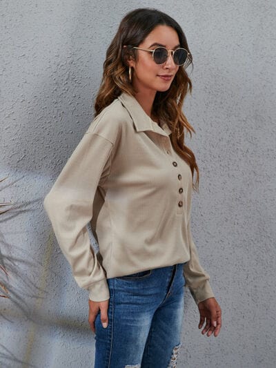 Light Slate Gray Half Button Dropped Shoulder Blouse