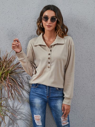 Dark Gray Half Button Dropped Shoulder Blouse