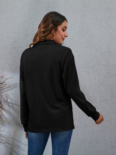 Black Half Button Dropped Shoulder Blouse