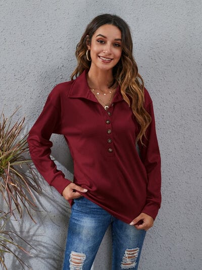 Light Slate Gray Half Button Dropped Shoulder Blouse