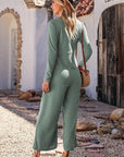 Slate Gray Half Button Long Sleeve Wide Leg Jumpsuit