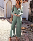 Dark Gray Half Button Long Sleeve Wide Leg Jumpsuit