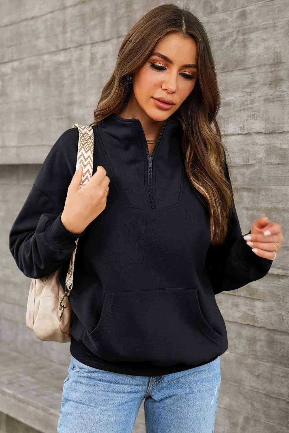 Dark Gray Half Zip Drop Shoulder Sweatshirt and Pocket