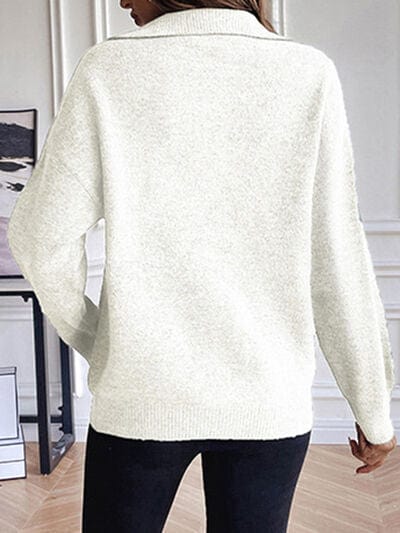 Light Gray Half Zip Dropped Shoulder Sweater