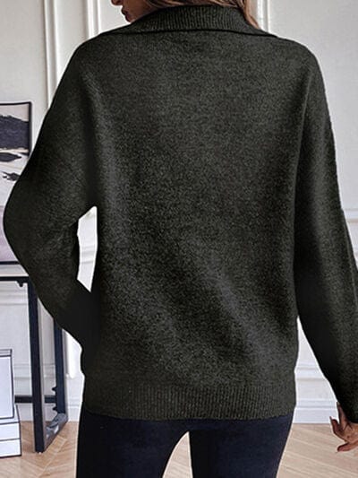 Dark Slate Gray Half Zip Dropped Shoulder Sweater