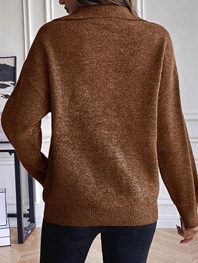 Saddle Brown Half Zip Dropped Shoulder Sweater