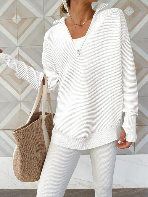 Light Gray Half Zip Long Sleeve Knit Top