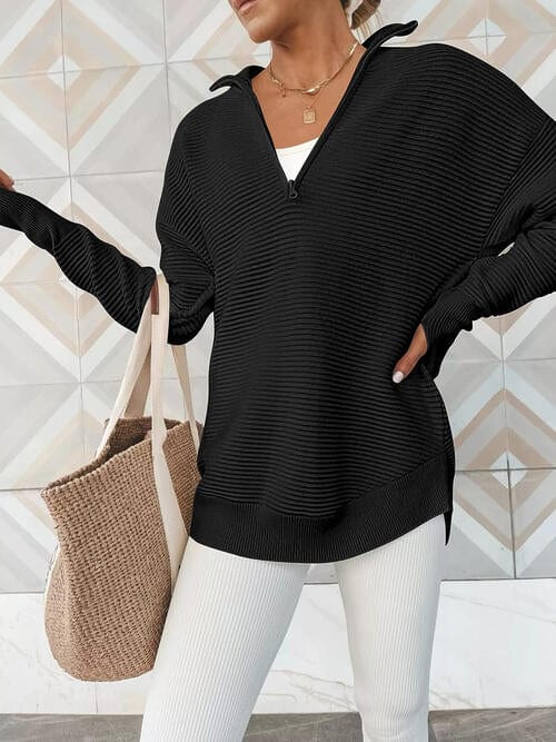 Black Half Zip Long Sleeve Knit Top