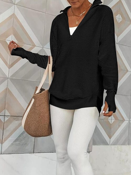 Dark Gray Half Zip Long Sleeve Knit Top