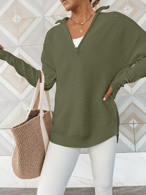 Light Gray Half Zip Long Sleeve Knit Top