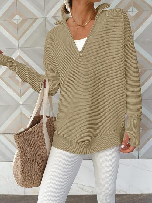 Rosy Brown Half Zip Long Sleeve Knit Top