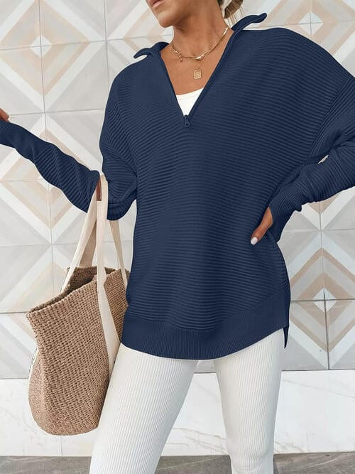 Dark Slate Gray Half Zip Long Sleeve Knit Top