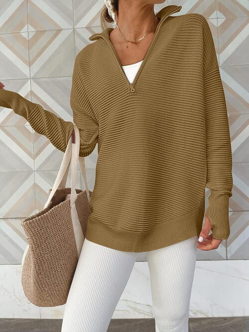 Dim Gray Half Zip Long Sleeve Knit Top