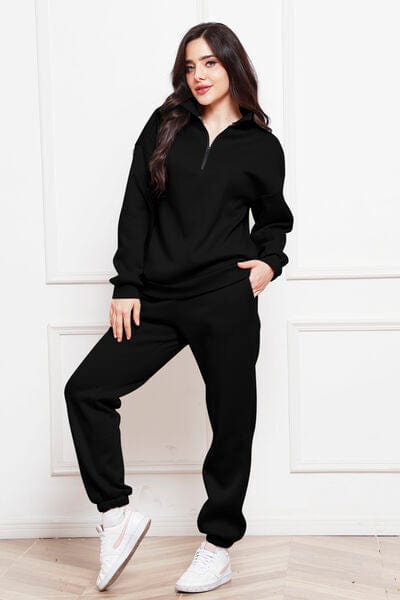 Black Half Zip Long Sleeve Sweatshirt and Pants Set