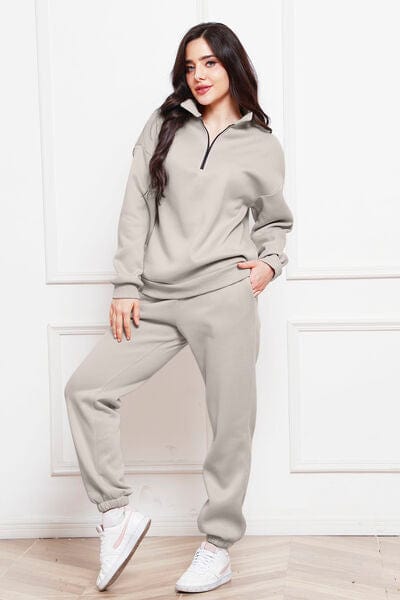 Light Gray Half Zip Long Sleeve Sweatshirt and Pants Set