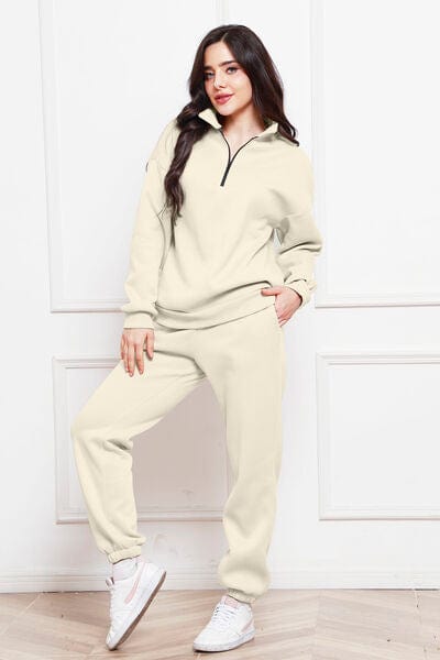 Beige Half Zip Long Sleeve Sweatshirt and Pants Set