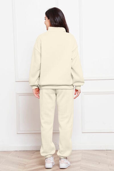 Beige Half Zip Long Sleeve Sweatshirt and Pants Set