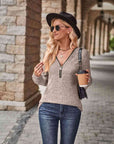 Rosy Brown Half-Zip V-Neck Long Sleeve Top