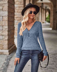 Dim Gray Half-Zip V-Neck Long Sleeve Top